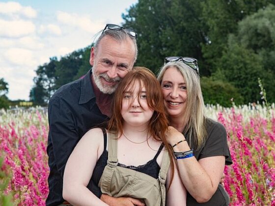 For several weeks, Molly from Herefordshire, pictured with her mother Naomi Holman and father Nigel, was feeling lethargic, clumsy and complaining of headaches. But these symptoms of a brain tumour were dismissed at first, until she had an eye test
