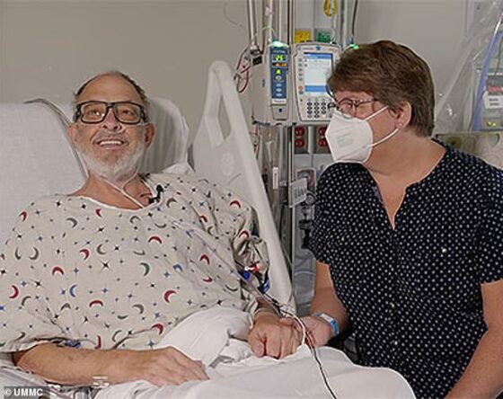 Lawrence Faucette, 58, is the second person in the world to receive a heart transplant from a genetically modified pig. He was deemed ineligible for a human heart due to peripheral vascular disease, which reduces blood circulation. Pictured before surgery with his wife Ann, Mr Faucette is now breathing on his own, and his heart is functioning without any supportive devices