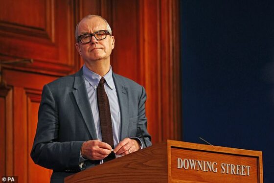 In diaries kept during the pandemic, Sir Patrick Vallance, the Chief Scientific Adviser, who regularly addressed the nation alongside ministers during Covid press conferences, wrote that Downing Street sought to justify its actions by claiming they were 'following the science'. Pictured, Sir Patrick during a Downing Street conference in December 2021