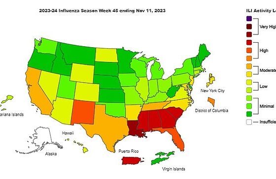 This map shows flu levels by state. It reveals these were highest in southern and south-western regions of the US last week