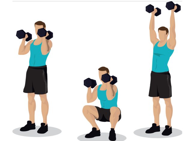 dumbbell squat to press thrusters, concept of workouts that burn the most calories