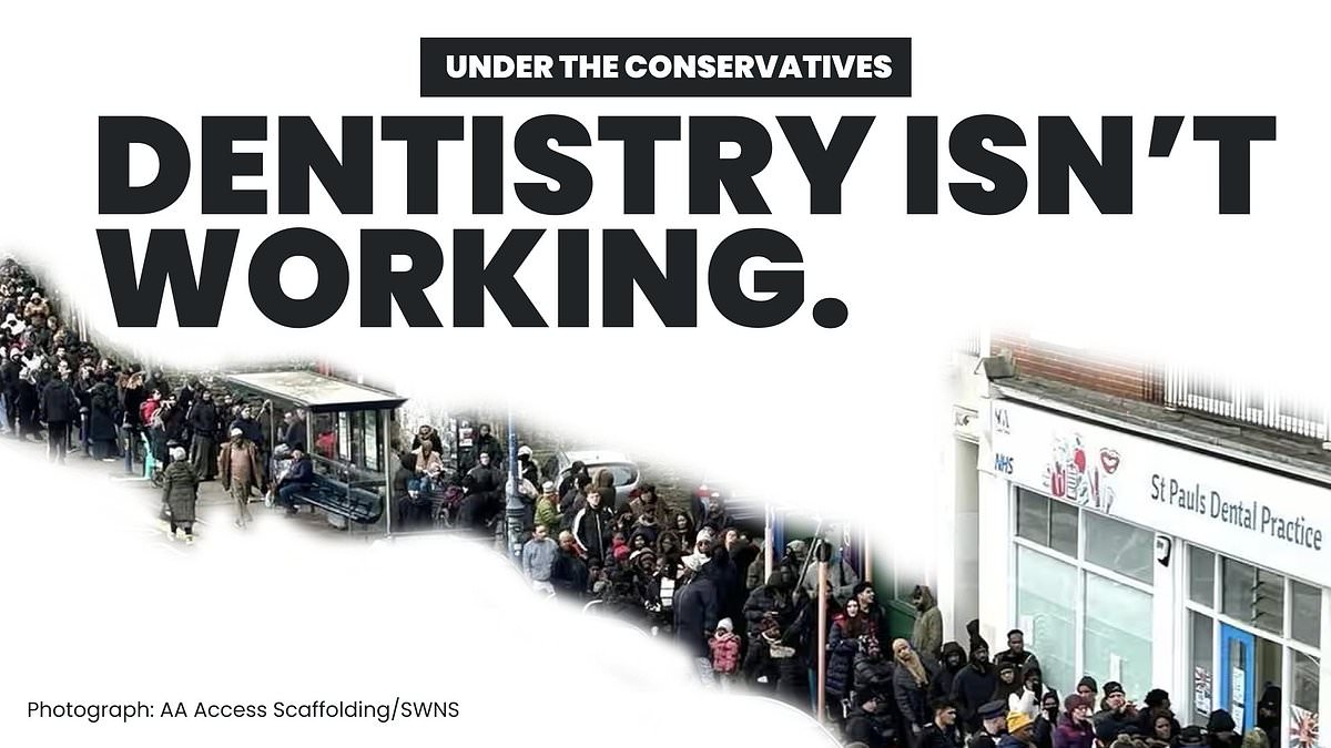 Brits are flying to war-torn Ukraine for dental treatment due to NHS crisis - as Labour revives Margaret Thatcher-era Tory attack ad to claim 'dentistry isn't working' with picture of snaking queue outside new surgery