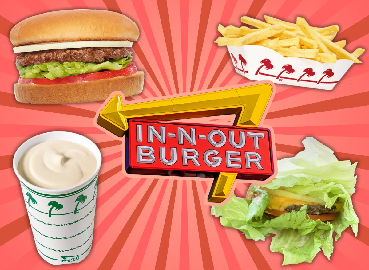 an In-N-Out Burger sign surrounded by healthy menu items like a burger shake and fries on a designed background