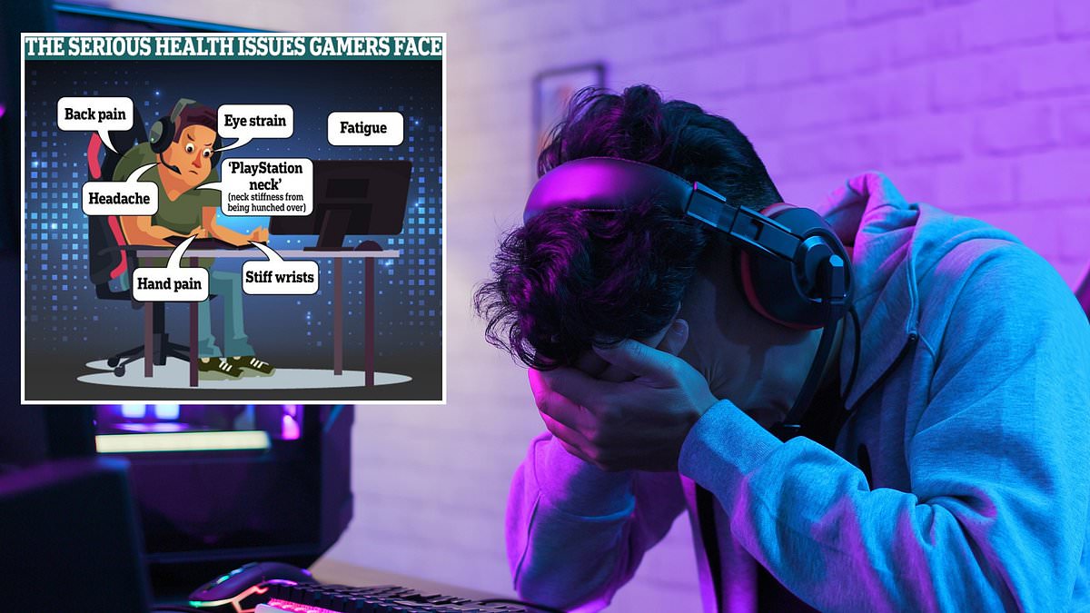 Shocking graphic reveals the serious health issues gamers face if they spend just three hours a day hunched over their consoles - including eye strain, stiff wrists and 'gamer neck'