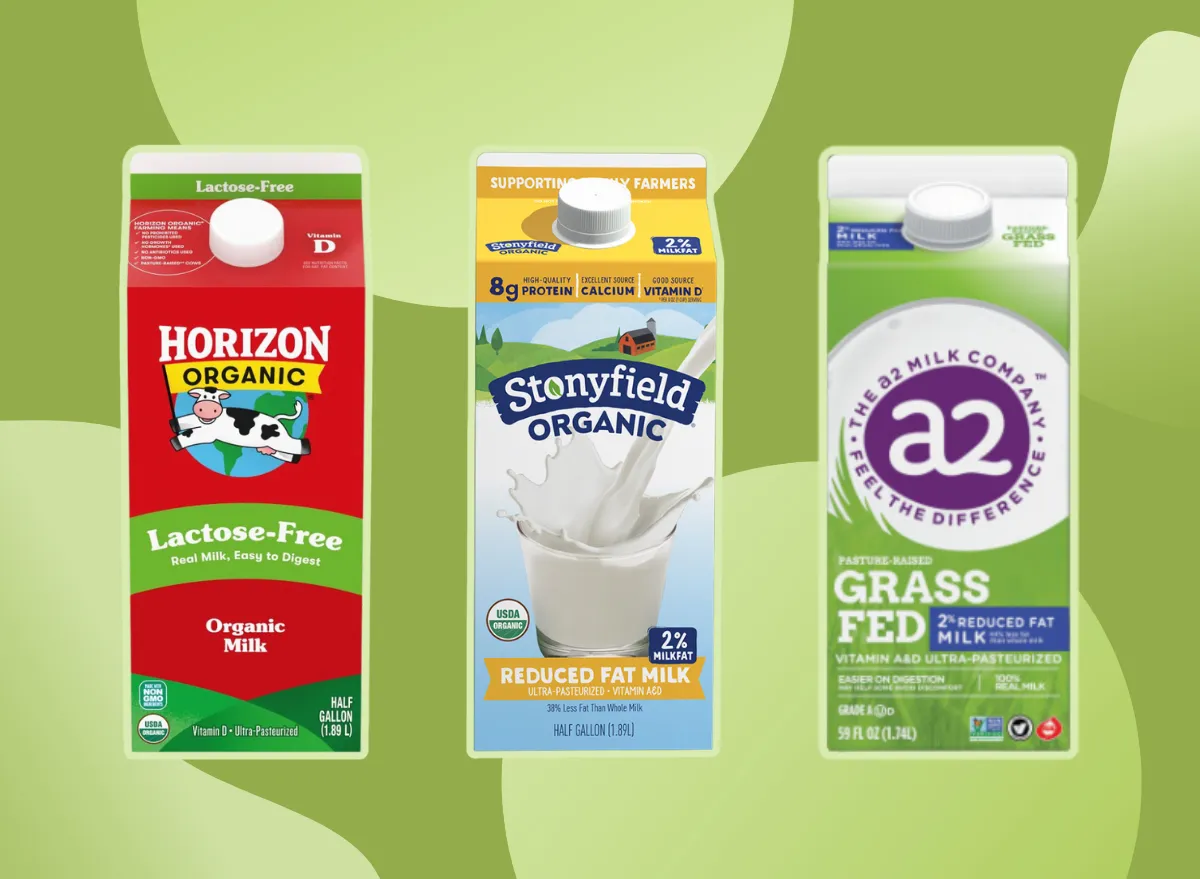 healthiest dairy milk brands collage on designed green background