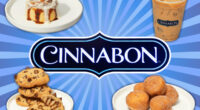 Cinnabon menu round-up with collage of menu items around a cinnabon sign