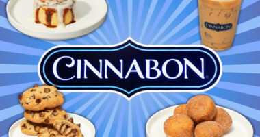 Cinnabon menu round-up with collage of menu items around a cinnabon sign