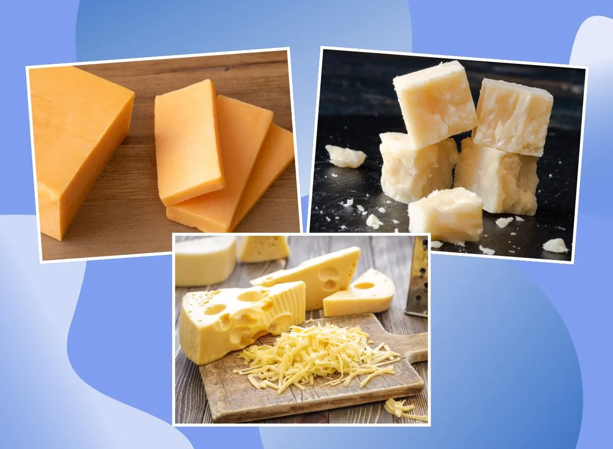 pictures of different types of cheese on a blue background
