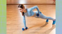 woman doing dumbbell plank rows in fitness studio