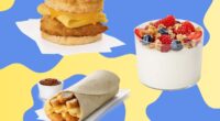 A trio of breakfast options from Chick-fil-A set against a colorful background