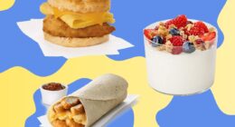 A trio of breakfast options from Chick-fil-A set against a colorful background