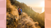 fit couple hiking on mountain trail with their dog during sunset