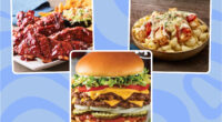 collage of three unhealthy restaurant chain menu items on a blue background