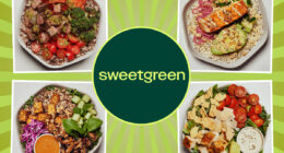multiple plates of Sweetgreen meals on a green background