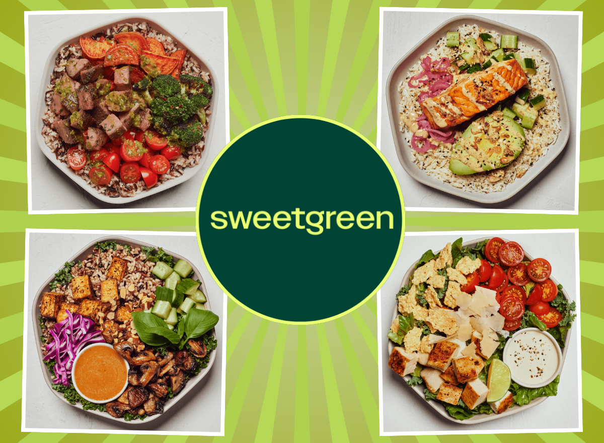 multiple plates of Sweetgreen meals on a green background