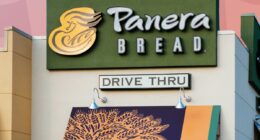 Panera Bread storefront in front of pink square background design