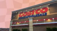 Costco exterior on pinkish orange backdrop design