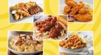 five high-calorie restaurant meals on a yellow background