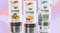 are celsius energy drinks healthy concept of three cans on a designed purple background