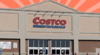 Costco storefront on striped red background