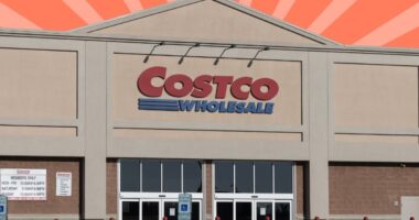 Costco storefront on striped red background