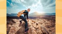 happy woman hiking outdoors through mountain terrain