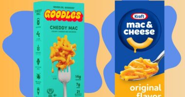 Boxes of Goodles and Kraft brand macaroni and cheese set against a colorful background.