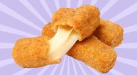 A trio of fried mozzarella sticks, one oozing white cheese, set against a vibrant purple background.