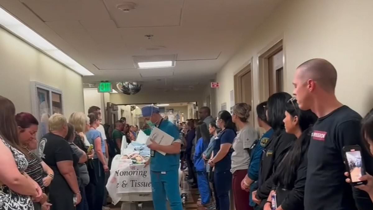 Sobbing hospital staff form guard of honor for beloved children's nurse, 58, as she is taken off life support after stroke and wheeled away for organ donation surgery