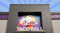 taco bell storefront on a blue designed background