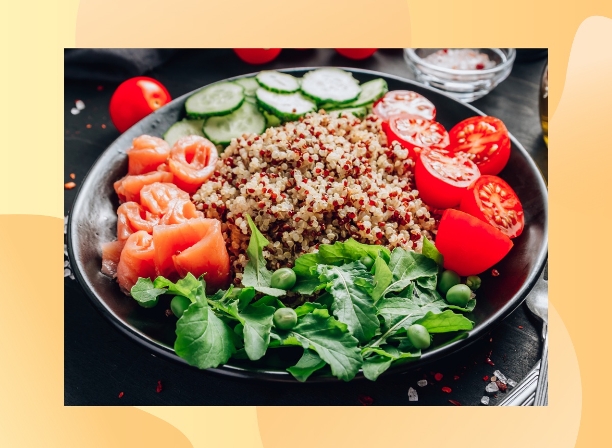 smoked salmon quinoa Mediterranean Diet bowl with veggies