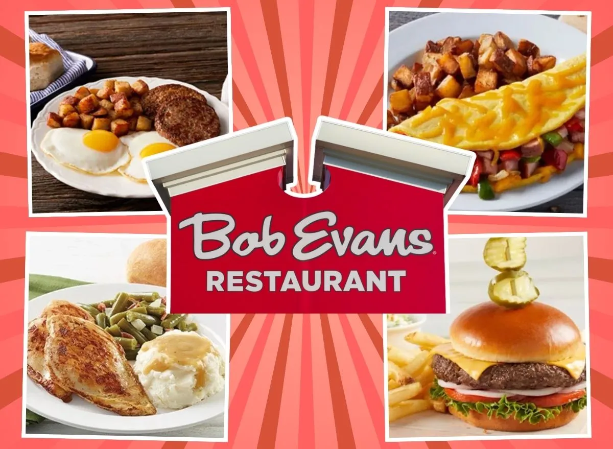 Bob Evans sign and four menu items on a red striped background