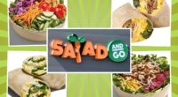 four pictures of menu items and Salad & Go sign on a green background