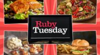 Ruby Tuesday sign with four menu items on a red background