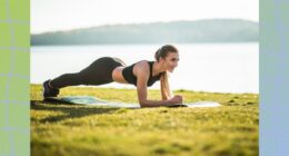 woman holding plank outside on yoga mat