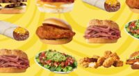 various fast food items on a yellow background