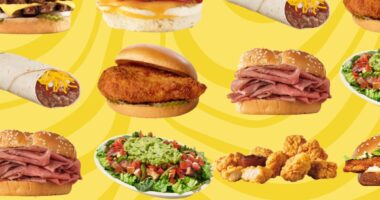 various fast food items on a yellow background