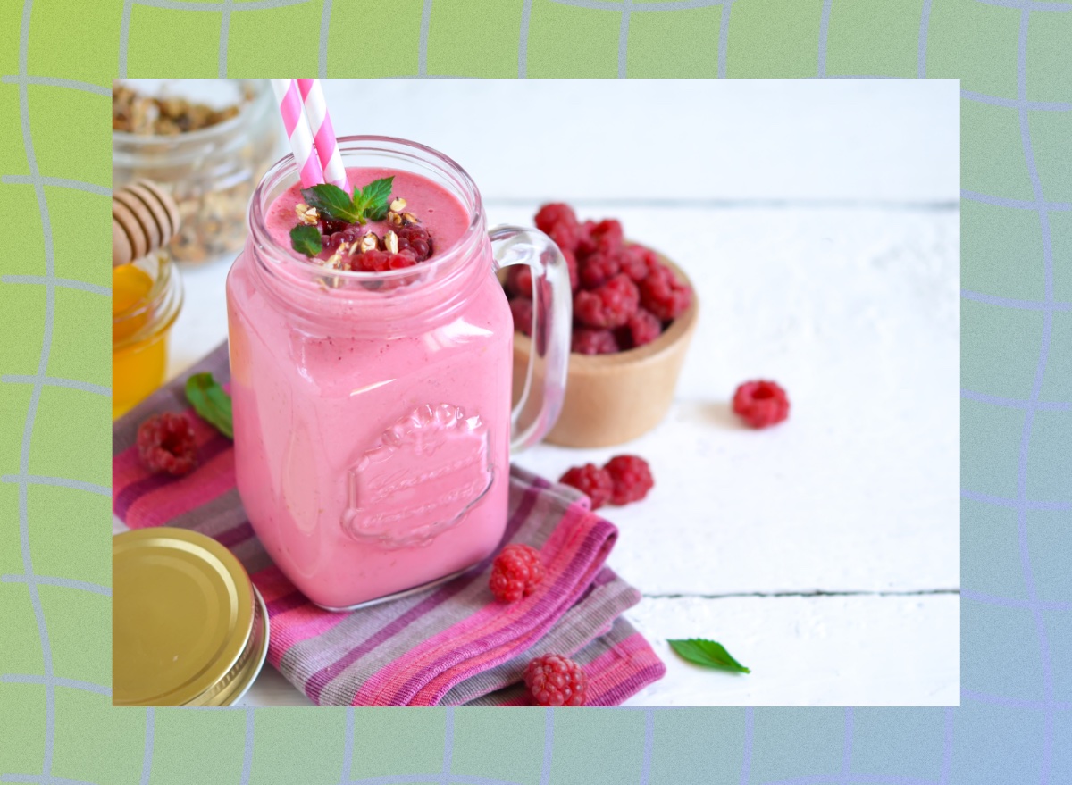 raspberry smoothie in mason jar