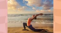 woman doing low or crescent lunge on the sand at the beach at sunset