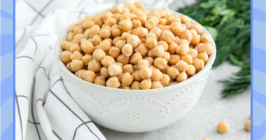 bowl of cooked chickpeas with a blue border