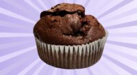 Costco double chocolate muffin on a graphic background