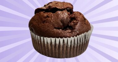 Costco double chocolate muffin on a graphic background