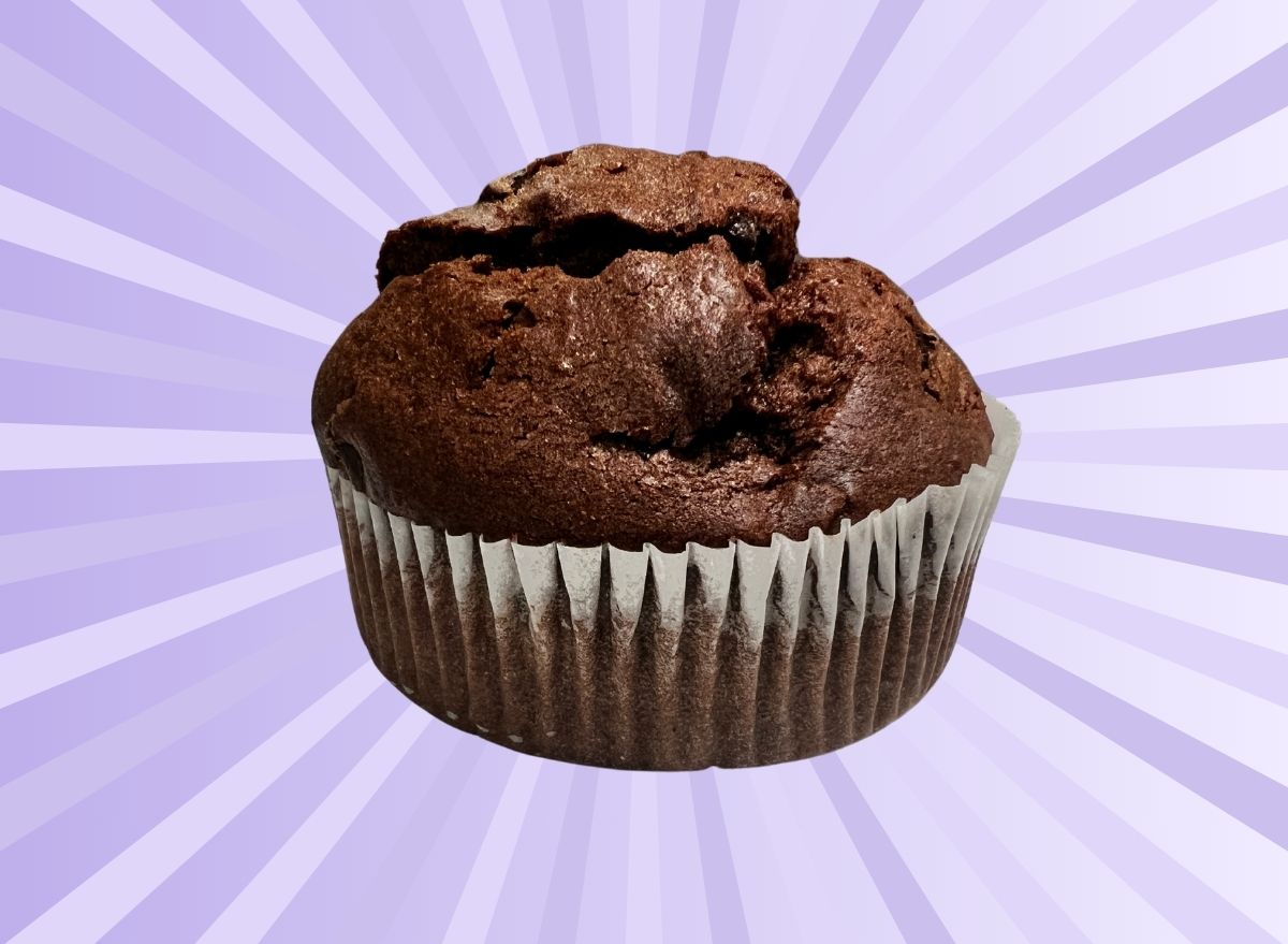 Costco double chocolate muffin on a graphic background