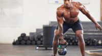 man doing kettlebell row, single-arm