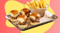 A platter of burger sliders and fries from Chili