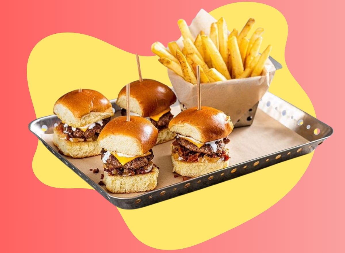 A platter of burger sliders and fries from Chili