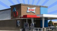 Sonic storefront on striped blue background