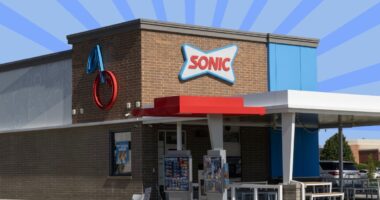 Sonic storefront on striped blue background