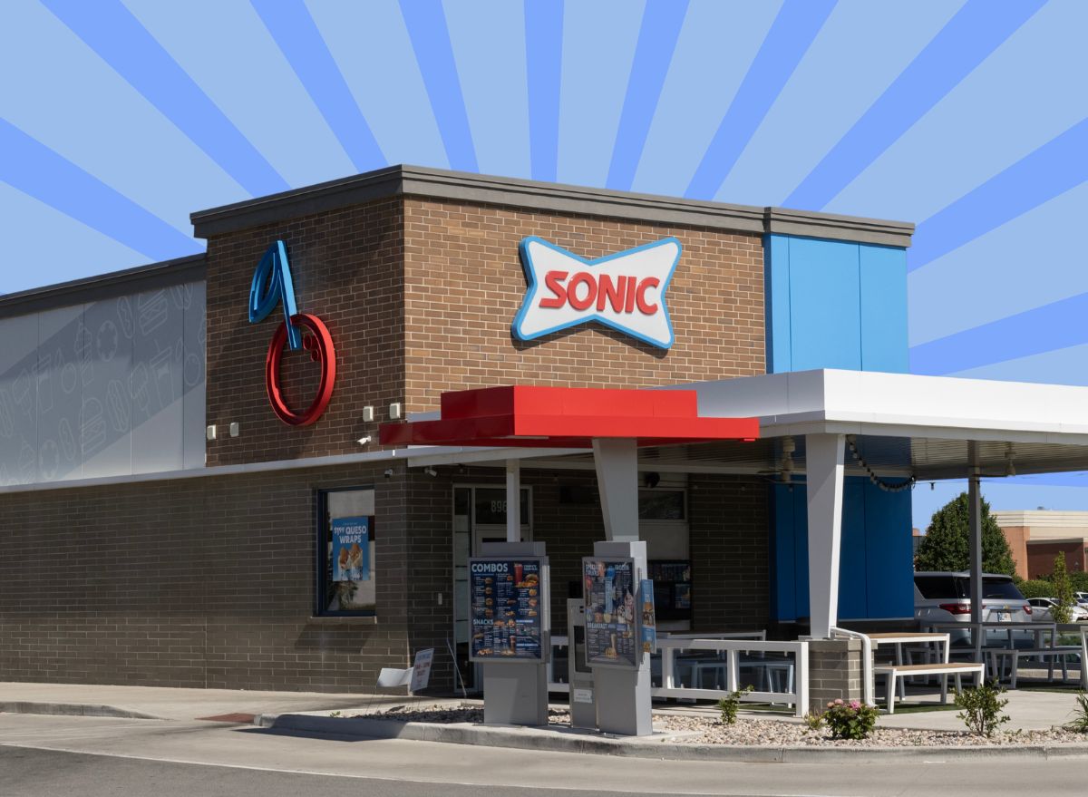 Sonic storefront on striped blue background