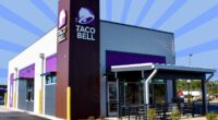 Taco Bell exterior on blue striped background